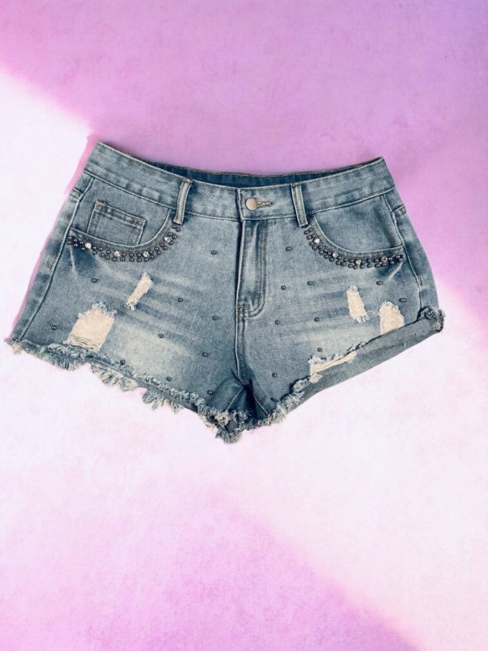 Embellished Distressed Denim Shorts in Light Blue